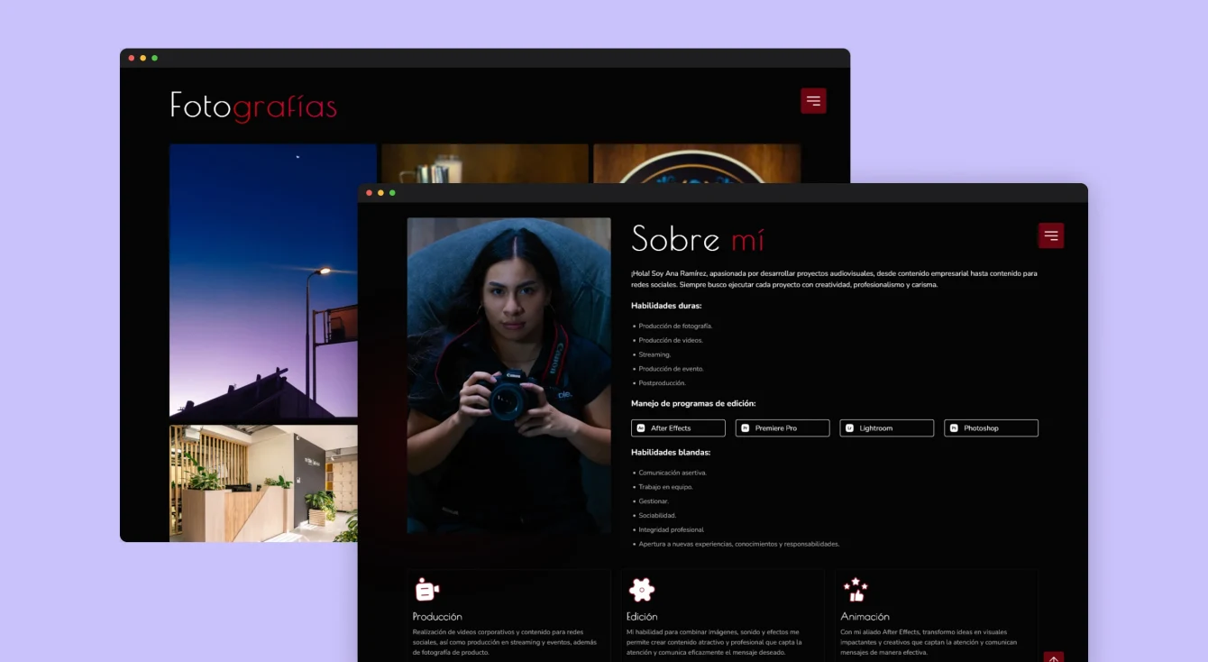 Imágenes de diseño móvil de secciones de fotografía y vídeo del portafolio audiovisual de Ana Manuela Ramírez.