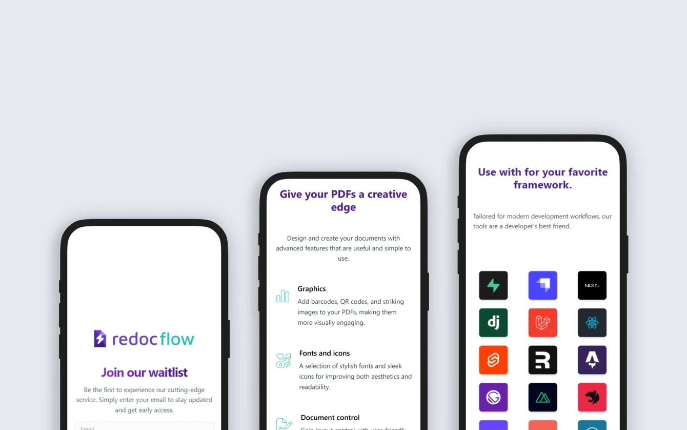 Imágenes de diseño móvil de varias secciones del sitio oficial de RedocFlow.