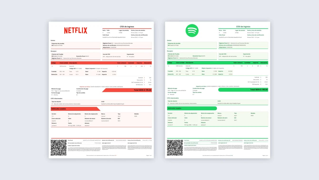 Ejemplos de modificaciones de estilo de CFDIs con marcas como Spotify y Netflix.