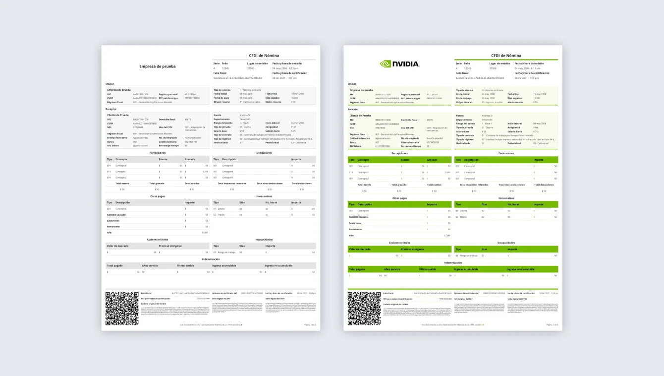 Ejemplos de modificaciones de estilo de CFDIs con marcas como Redoc y Nasa.