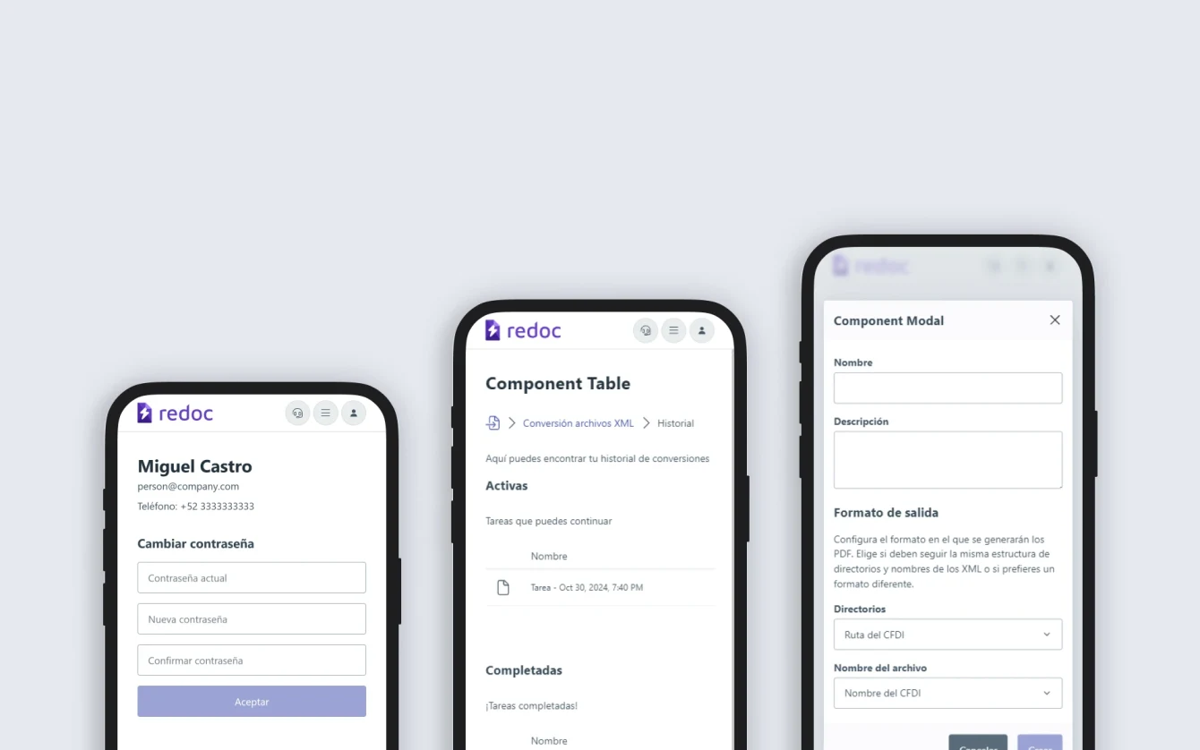 Imágenes del Modal, Table y otros componentes en la aplicación web de Redoc.