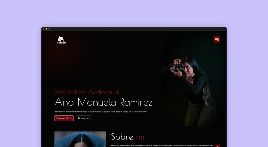 Imágenes de diseño móvil de secciones del portafolio audiovisual de Ana Manuela Ramírez.